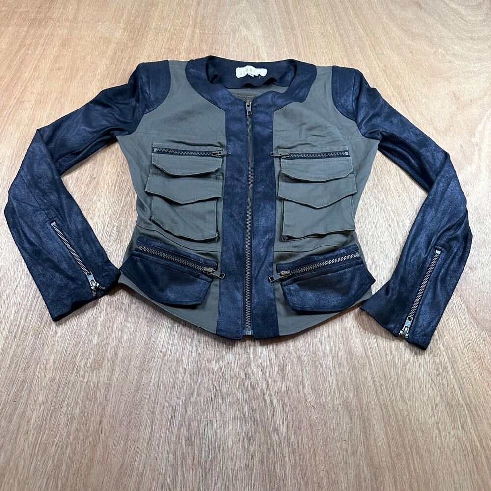 Georgie Moto Utility Jacket XS Cropped Faux Leather Trim Zip Shoulder Pads
